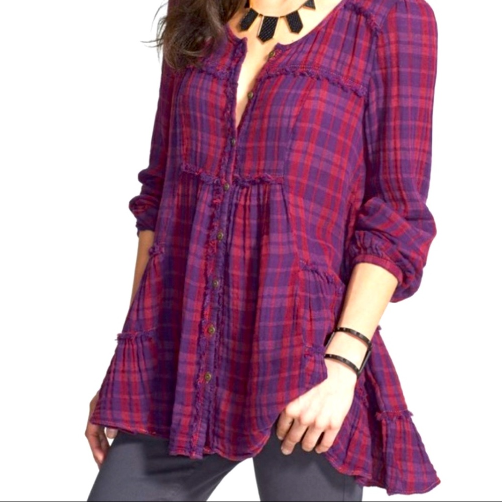 Free People Whistle While You Work Plaid Button Down Tunic Flannel Shirt